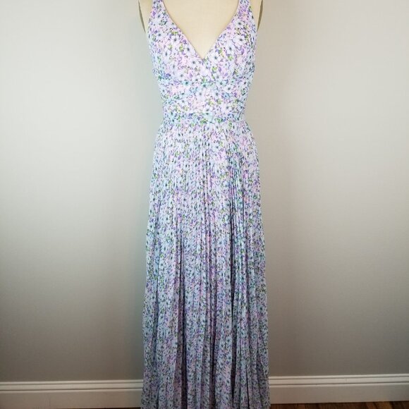 Laundry Pink & Blue Floral Pleated Chiffon Maxi Dress by Shelli Segal * Size 4 - Picture 4 of 13
